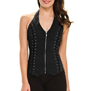 Lydia U.S.A. Black Zipper Gromet/Corset Bustier Style Halter Top